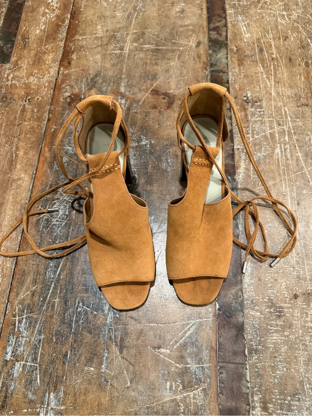 1. State Tan Suede Lace-Up Open-Toe Block Heel Sandals - Size 9